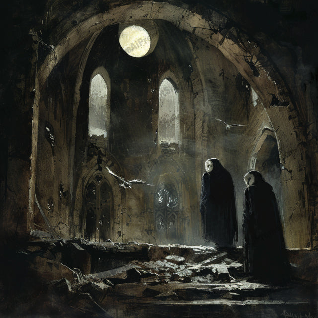 Gothic Ruins AI MidJourney Image Prompt, 8926 Fantasy, midjourney, gothic, ruins, eerie, full moon, dark fantasy, mystery, ancient, crumbling architecture, haunting, cloaked figures, trees, dark, gothic horror, night, gothic art, mysterious, intrigue, dark setting, fantasy, moody atmosphere, Midjourney, Ai, Ai Image Prompt, Image Prompt, Prompt