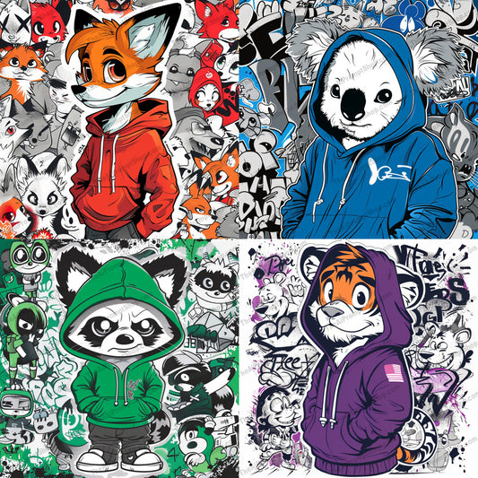 Cool Animals in Hoodies AI MidJourney Image Prompt, 8762 Animals, midjourney, anthropomorphic, animals, hoodies, cool style, graffiti, cartoon, fox, koala, raccoon, tiger, streetwear, urban, fashionable, artistic, vibrant, trendy, colorful, stylized, character design, illustration, Midjourney, Ai, Ai Image Prompt, Image Prompt, Prompt