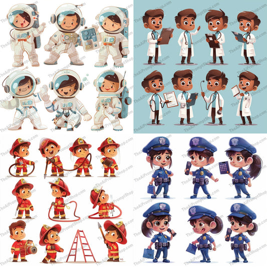 Children's Professional Costumes AI MidJourney Image Prompt, 9150 Animation & Cartoons, midjourney, children, costumes, professionals, astronauts, doctors, firefighters, police officers, illustration, whimsical, playful, storybooks, children‚Äö√Ñ√¥s decor, educational, kids, dress-up, career day, fun, imaginative, cute, cartoon, Midjourney, Ai, Ai Image Prompt, Image Prompt, Prompt