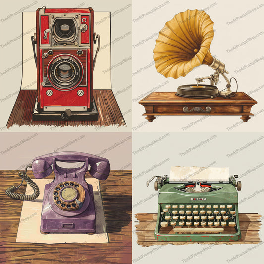 Vintage Devices Illustration AI MidJourney Image Prompt, 9263 Mockups - Products, midjourney, vintage, retro, camera, gramophone, rotary phone, typewriter, nostalgia, antique, old-fashioned, classic, technology, historic, artistic, detailed, illustration, drawing, retro style, vintage devices, classic technology, nostalgic art, Midjourney, Ai, Ai Image Prompt, Image Prompt, Prompt