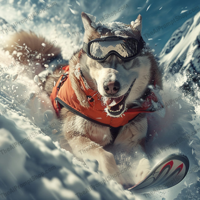 Snow Dogs in Action AI MidJourney Image Prompt, 9242 Animals, midjourney, dog, snow, winter sports, action, adventure, mountains, skiing, goggles, slope, dynamic, thrill, nature, outdoors, cold, fun, energy, speed, motion, happy, playful, Midjourney, Ai, Ai Image Prompt, Image Prompt, Prompt