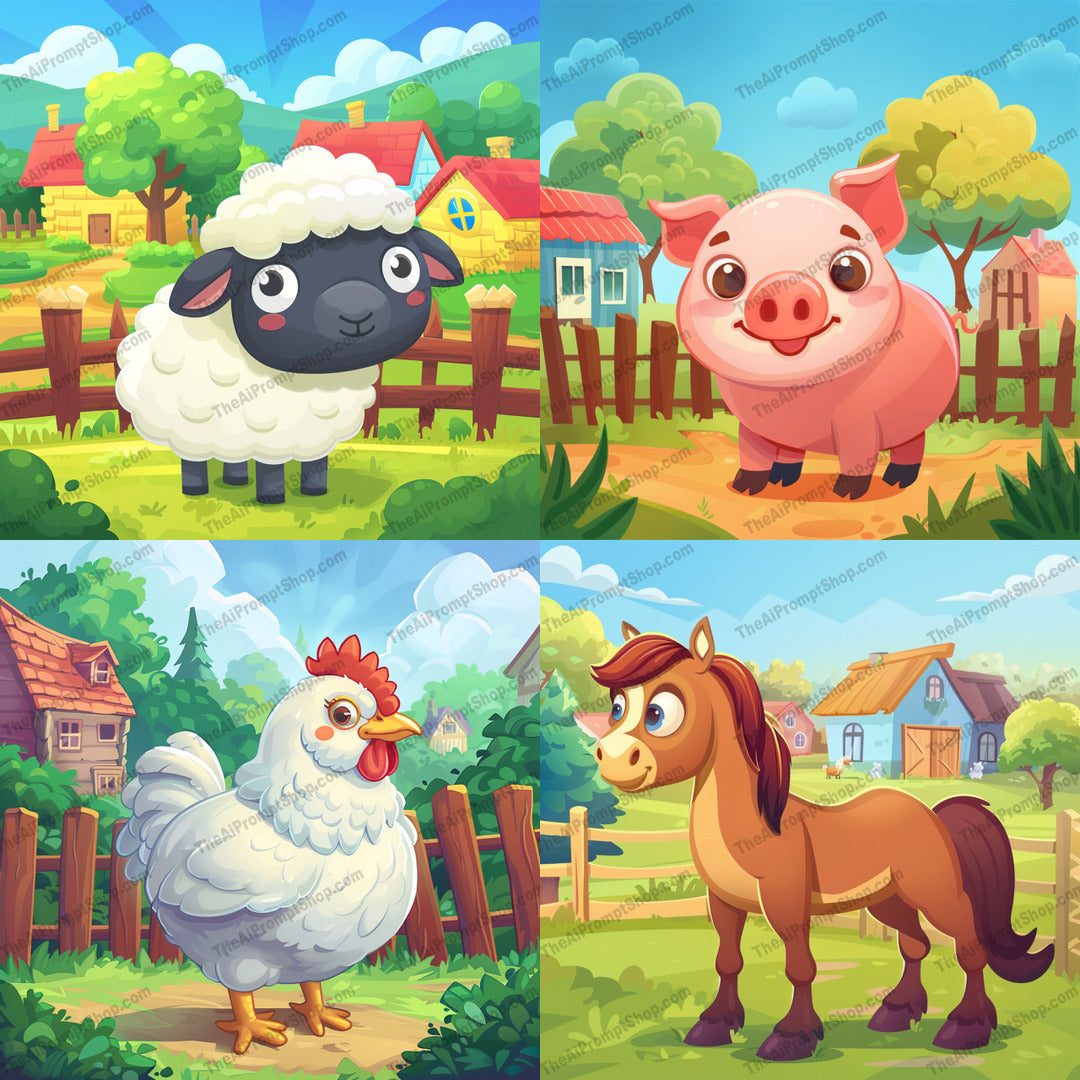 Farm Animal Illustration AI MidJourney Image Prompt, 9617 — A delightful illustration featuring a charming farm animal in a vibrant countryside setting — cover image