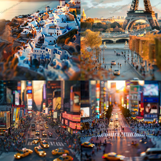 Global Cityscapes in Miniature AI MidJourney Image Prompt, 9256 Landscapes & Paintings, midjourney, miniature cityscapes, tilt-shift photography, Santorini, Paris, Eiffel Tower, New York, Times Square, Tokyo, city architecture, urban landscapes, travel destinations, city life, iconic landmarks, aerial view, dollhouse effect, artistic photography, city miniatures, global city art, urban exploration, metropolitan scenes, Midjourney, Ai, Ai Image Prompt, Image Prompt, Prompt