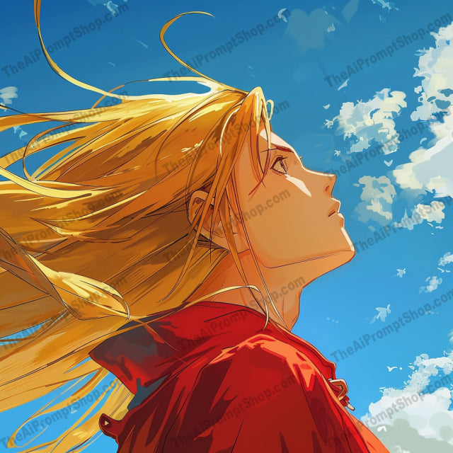 Anime Character in Sky AI MidJourney Image Prompt, 9236 Anime, midjourney, anime, character, sky, wind, freedom, dynamic, uplifting, animation, bright, blue, expansive, aspiration, flowing hair, art, style, clouds, hopeful, inspirational, visual, manga, Midjourney, Ai, Ai Image Prompt, Image Prompt, Prompt