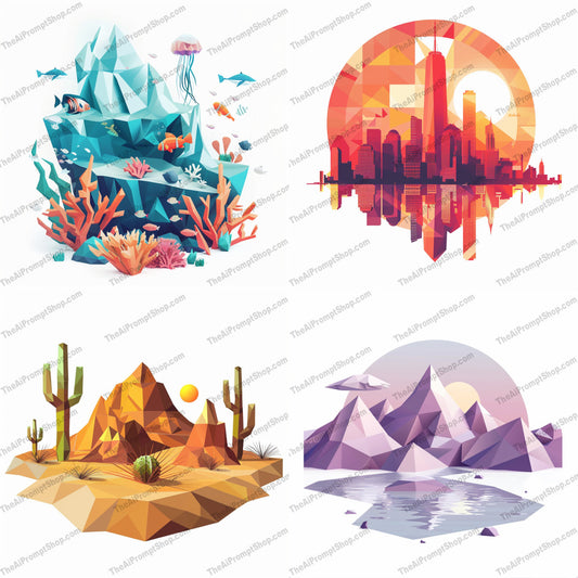 Polygonal Nature Landscapes AI MidJourney Image Prompt, 9345 Landscapes & Paintings, midjourney, polygonal, art, landscape, nature, underwater, desert, urban skyline, snowy mountains, geometric, vivid, colorful, intricate, sceneries, art enthusiasts, polygon shapes, digital art, low poly art, decorative, modern art, nature depiction, Midjourney, Ai, Ai Image Prompt, Image Prompt, Prompt