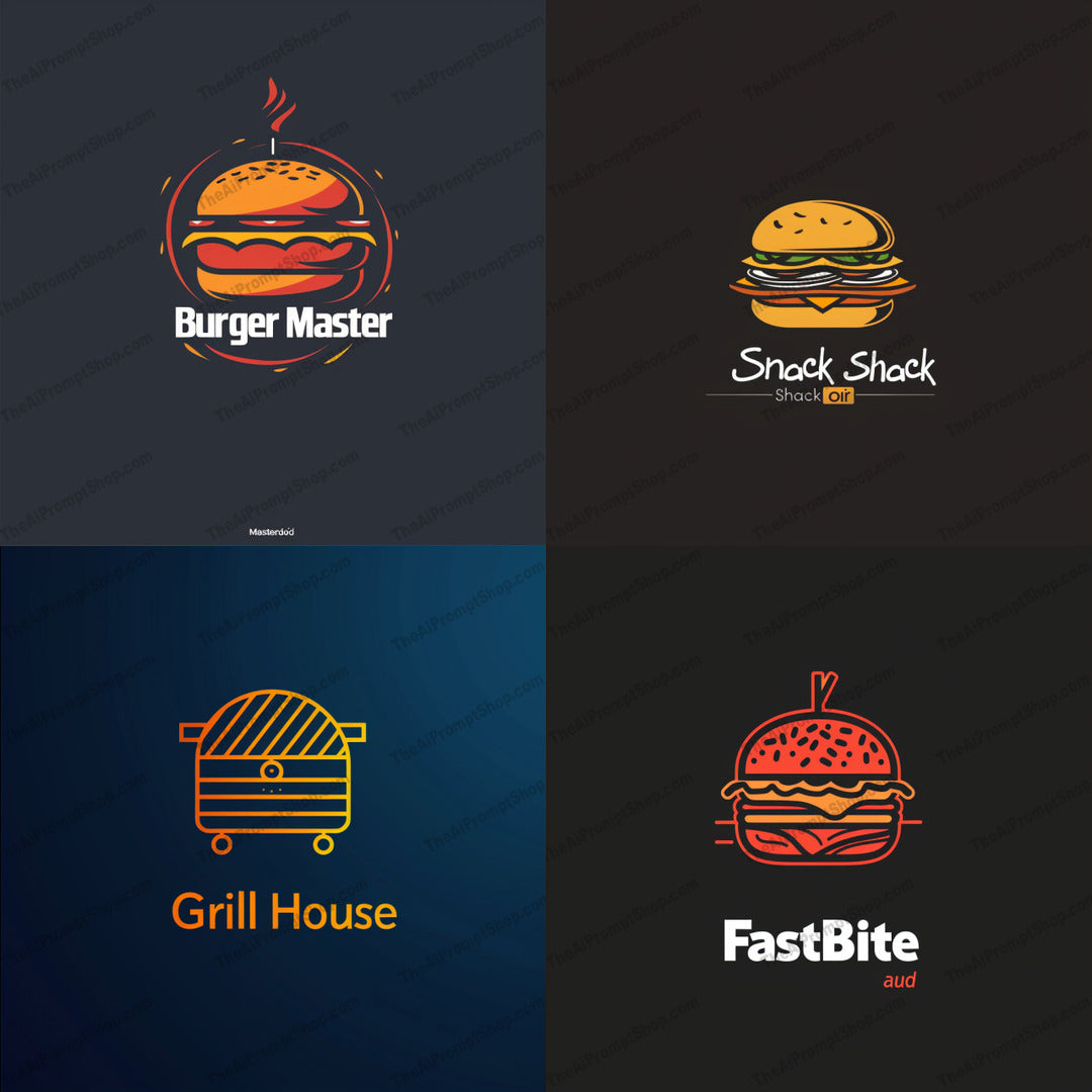 Creative Burger Logos AI MidJourney Image Prompt, 8641Ai, Ai Image Prompt, bold colors, brand identity, branding, burger, clean lines, creative, eatery, fast food, food branding, food logo, gourmet, graphic design, grill, Image Prompt, logo, Logos, midjourney, minimalist, modern, Prompt, restaurant, snack, stylized burger, visual identity