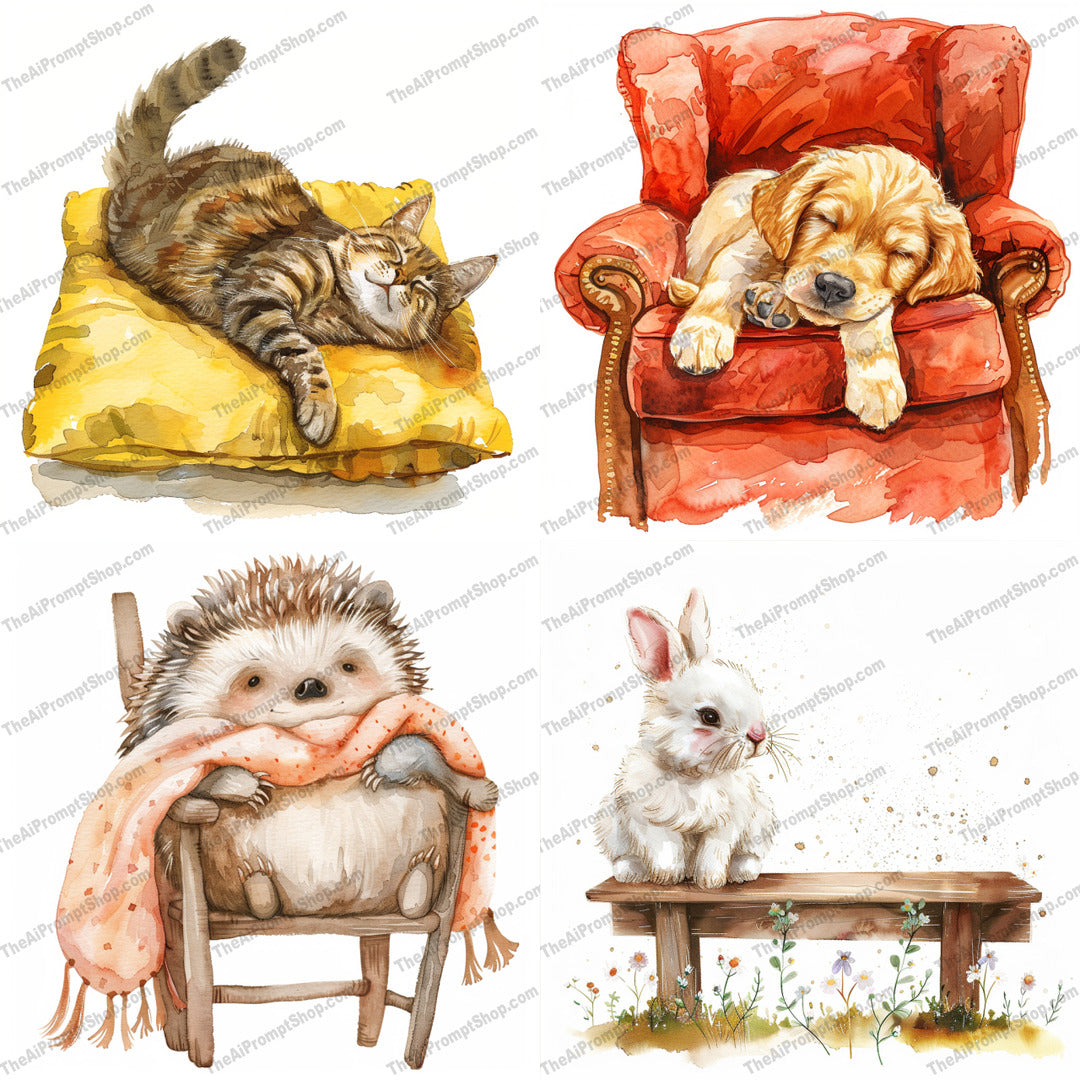 Cute Animal Illustrations AI MidJourney Image Prompt, 8866 Animals, midjourney, watercolor, animal, cute, adorable, cozy, illustration, art, drawing, sweet, lovely, cat, dog, hedgehog, bunny, relaxing, charming, warm, furry, pet, home, Midjourney, Ai, Ai Image Prompt, Image Prompt, Prompt