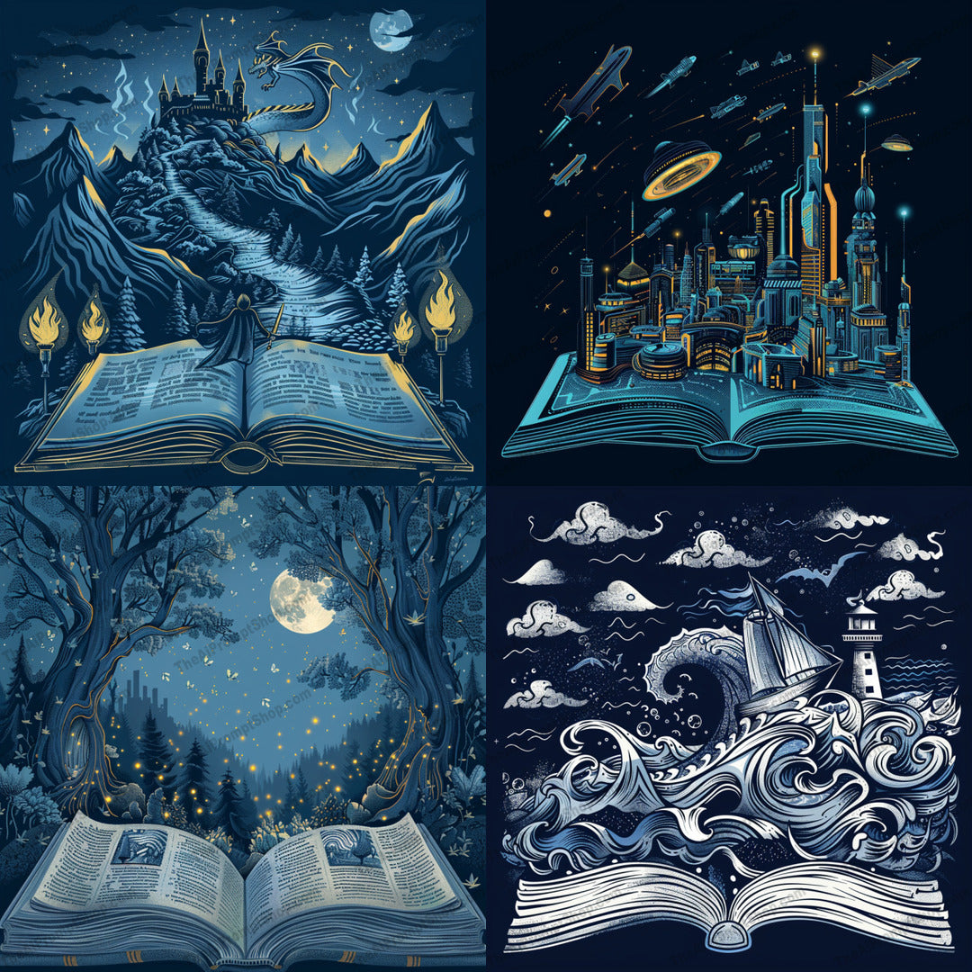 Magical Open Book Worlds AI MidJourney Image Prompt, 9141 Fantasy, midjourney, magical, worlds, open book, fantasy, castle, mountains, futuristic, city, spaceships, enchanted forest, moonlight, maritime, adventure, turbulent seas, illustration, storybook, imaginative, dreamlike, creative, scenic, Midjourney, Ai, Ai Image Prompt, Image Prompt, Prompt