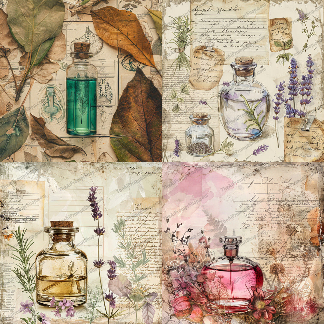 Vintage Botanical Elixir Art AI MidJourney Image Prompt, 8661Ai, Ai Image Prompt, antique, apothecary, art, botanical, bottles, brown leaves, detailed, dragonfly, earthy tones, elixir, Florals, green bottle, handwritten notes, herbs, illustration, Image Prompt, lavender, midjourney, natural aesthetic, pink elixir, plants, Prompt, purple flowers, rustic, vintage