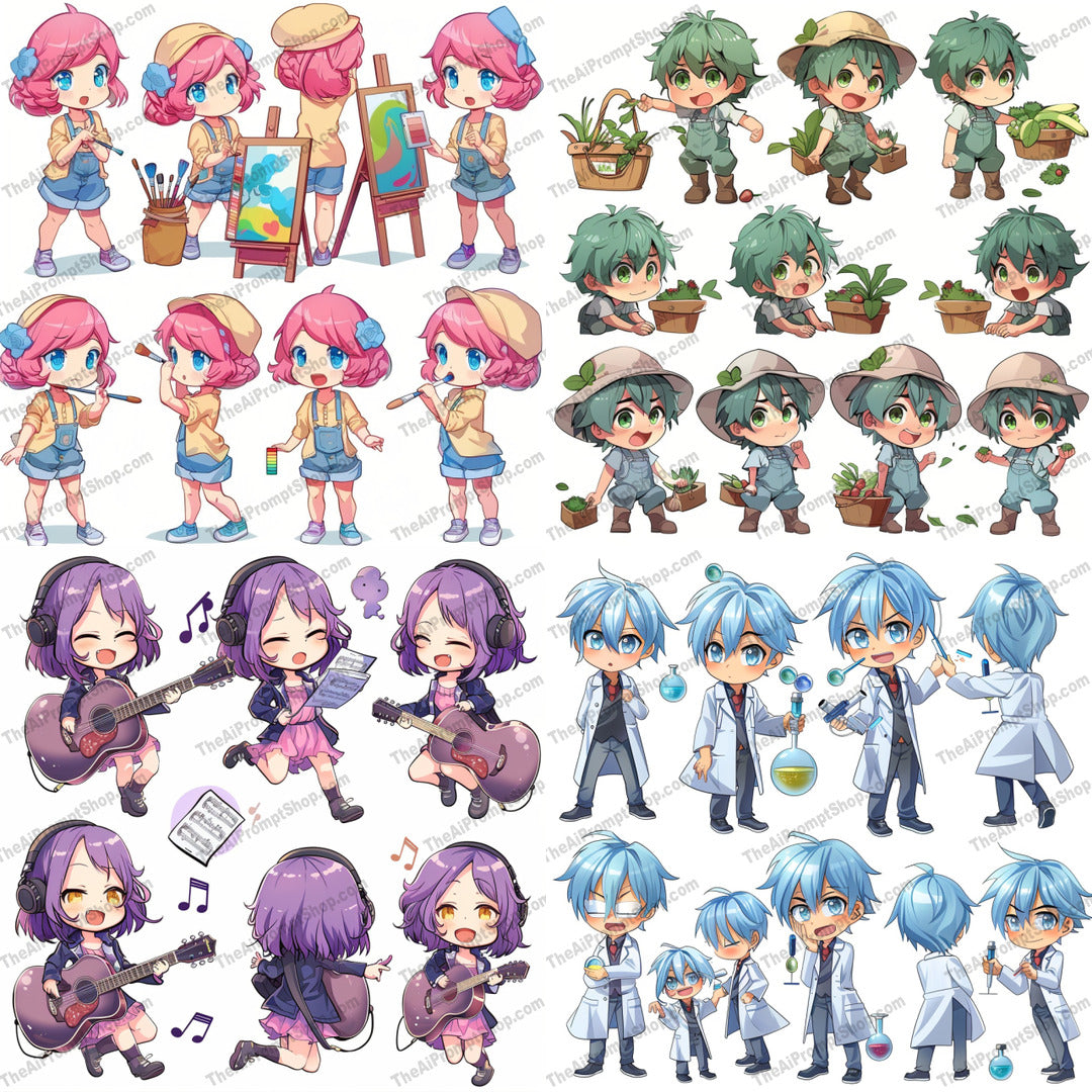 Chibi Character Illustrations AI MidJourney Image Prompt, 9423 Anime, midjourney, chibi, cute, character, illustration, adorable, art, painting, gardening, music, scientist, emotions, outfits, colorful, fun, creative, anime-style, kawaii, children, activities, expressive, Midjourney, Ai, Ai Image Prompt, Image Prompt, Prompt