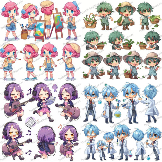 Chibi Character Illustrations AI MidJourney Image Prompt, 9423 Anime, midjourney, chibi, cute, character, illustration, adorable, art, painting, gardening, music, scientist, emotions, outfits, colorful, fun, creative, anime-style, kawaii, children, activities, expressive, Midjourney, Ai, Ai Image Prompt, Image Prompt, Prompt