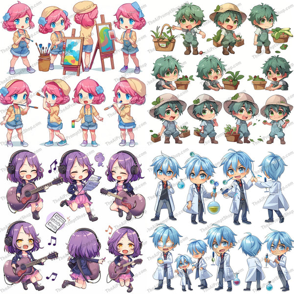 Chibi character illustrations in a anime style created from an AI image prompt.