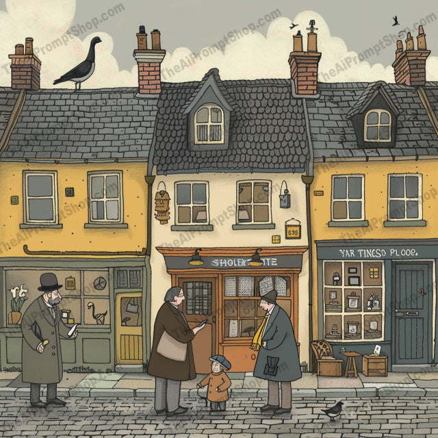 Charming Village Life Illustration AI MidJourney Image Prompt, 8919 Animation & Cartoons, midjourney, village, nostalgic, storybook, illustration, charming, houses, shops, street scenes, soft colors, muted colors, detailed line work, warmth, serenity, whimsy, art, quaint, village life, classic, heritage, beautifully depicted, Midjourney, Ai, Ai Image Prompt, Image Prompt, Prompt