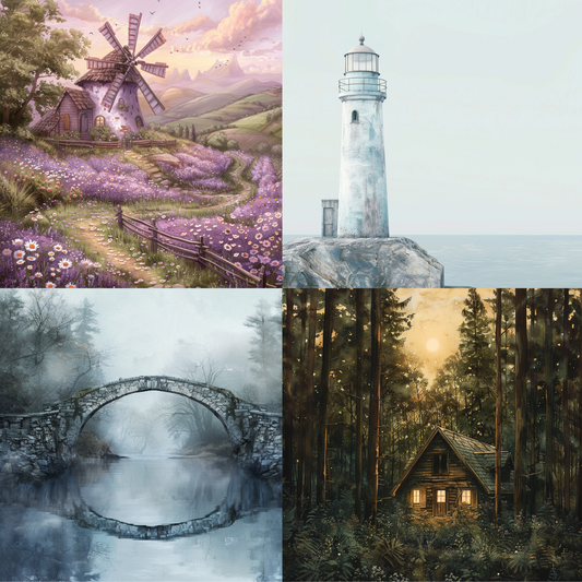 Serene Landscapes of Tranquility AI MidJourney Image Prompt, 8049atmospheric artwork, calming decor, coastal serenity, cottagecore art, countryside scenes, cozy cabin forest, dreamy landscapes, escape to nature, forest retreat, landscape lovers, lavender field windmill, midjourney, misty stone bridge, peaceful lighthouse, relaxing wall art, scenic views, tranquil scenery