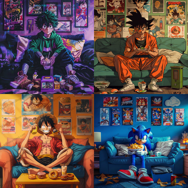 Anime characters in living room illustration in a storybook style created from an AI image prompt.