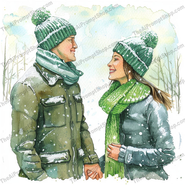 Cozy Winter Couples AI MidJourney Image Prompt, 9181 Portraits & People, midjourney, winter, cozy, couples, love, snow, warm clothes, scarves, hats, gloves, outdoor, snowflakes, illustration, romantic, holidays, togetherness, seasonal, cold weather, nature, snowy day, hand in hand, Midjourney, Ai, Ai Image Prompt, Image Prompt, Prompt