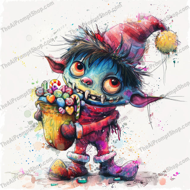 Whimsical Monster AI MidJourney Image Prompt, 9065 Animation & Cartoons, midjourney, whimsical, monster, creature, illustration, cute, quirky, playful, wide eyes, colorful splatters, watercolor, fantasy, cartoonish, funny, comic, adorable, kawaii, art, design, unique, expression, Midjourney, Ai, Ai Image Prompt, Image Prompt, Prompt