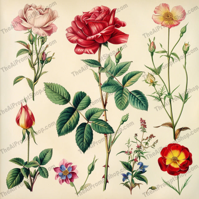 Vintage Botanical Flower Illustration AI MidJourney Image Prompt, 8177