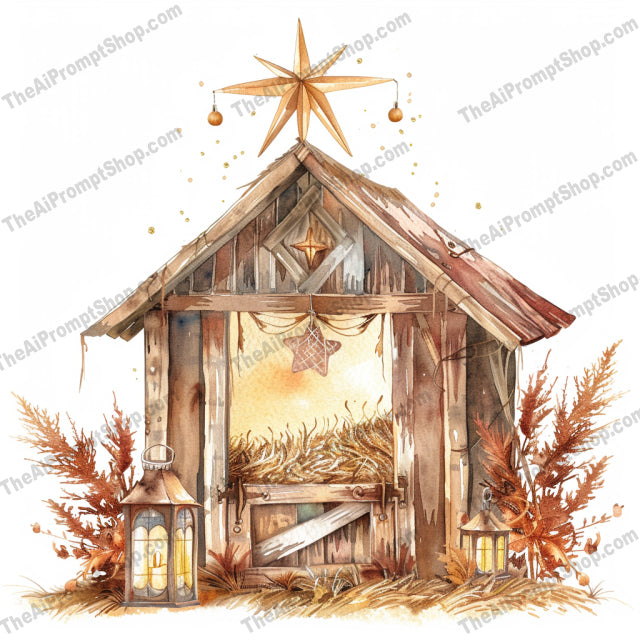 Rustic Christmas Scenes AI MidJourney Image Prompt, 9190 Holidays, midjourney, Rustic Christmas, holiday scene, wooden cabin, nativity scene, festive, rustic, cozy, warm tones, decorative, pine trees, snow, lanterns, angels, barn, star, traditional, winter, countryside, holiday decor, Christmas decorations, Midjourney, Ai, Ai Image Prompt, Image Prompt, Prompt