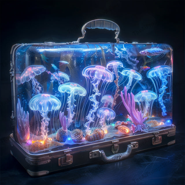 Mysterious World in Suitcases AI MidJourney Image Prompt, 8895 Landscapes & Paintings, midjourney, mysterious, suitcase, magical world, ancient artifacts, aquatic life, dinosaurs, prehistoric, books, light effects, wonder, adventure, journey, fantasy, travel, imagination, curiosity, exploration, creativity, mystery, enchanted, unique, Midjourney, Ai, Ai Image Prompt, Image Prompt, Prompt