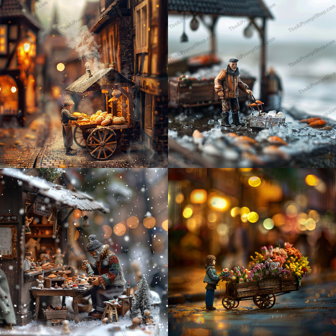 Miniature Market Scenes AI MidJourney Image Prompt, 8880 Animals, midjourney, Miniature, Market, Rustic, Vintage, Nostalgic, Town, Stalls, Vendors, Old-World Charm, Detail, Charm, Warmth, Heartwarming, Scene, Classic, Street, Townscape, Street Vendors, Cozy, Artisan, Midjourney, Ai, Ai Image Prompt, Image Prompt, Prompt