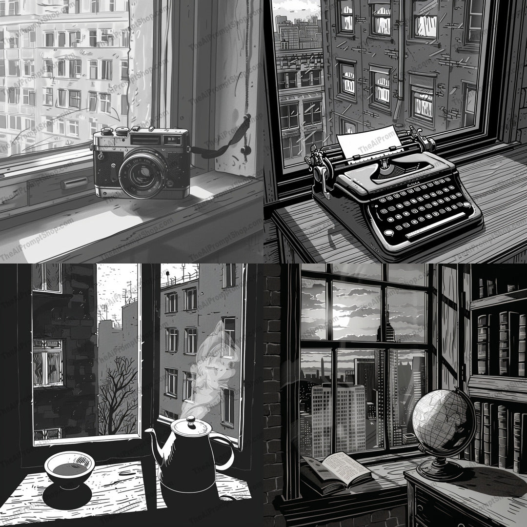 Vintage Window View Illustrations AI MidJourney Image Prompt, 9606 — A series of black and white illustrations highlighting vintage items and urban window views — cover image