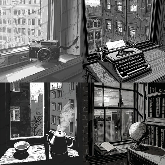 Vintage window view illustrations in a vintage-inspired style created from an AI image prompt.
