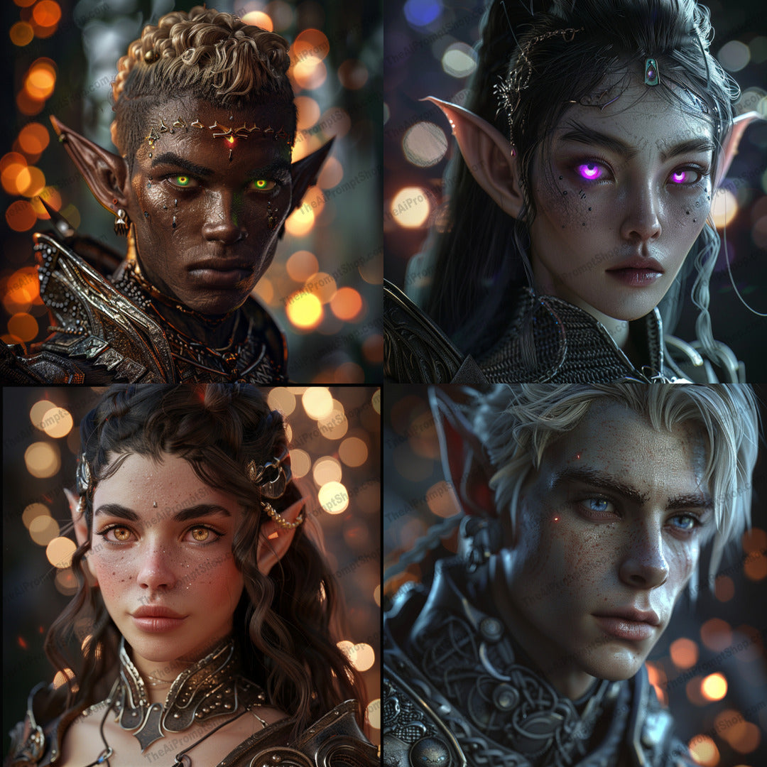 Fantasy Elf Portrait AI MidJourney Image Prompt, 9006 Fantasy, midjourney, fantasy, elf, portrait, detailed, armor, mystical, ethereal, bokeh, background, accessories, character design, fantasy character, elven, magic, enchanted, imaginary, mythical, legend, warrior, adventure, Midjourney, Ai, Ai Image Prompt, Image Prompt, Prompt