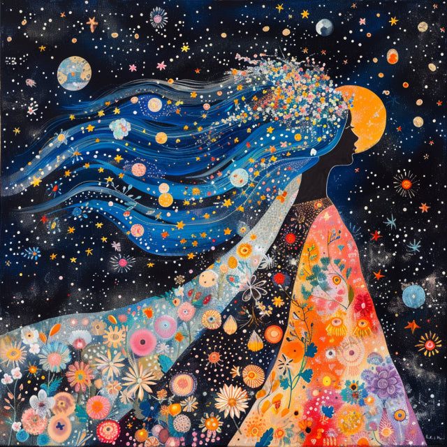 Starlit Floral Fantasy AI MidJourney Image Prompt, 8979 Florals, midjourney, starlit, floral, fantasy, enchanting, whimsical, celestial, cosmic, night, ethereal, magical, dreamy, vibrant, flowers, characters, moon, stars, planets, nature, art, illustration, Midjourney, Ai, Ai Image Prompt, Image Prompt, Prompt