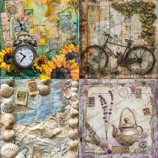 Vintage Collage Art AI MidJourney Image Prompt, 9667 Florals, midjourney, vintage, collage, art, clock, bicycle, seashells, maps, flowers, teapot, nostalgia, eclectic, rustic, antiquated, old-fashioned, charm, timeworn, artwork, mixed media, creative, decoration, Midjourney, Ai, Ai Image Prompt, Image Prompt, Prompt