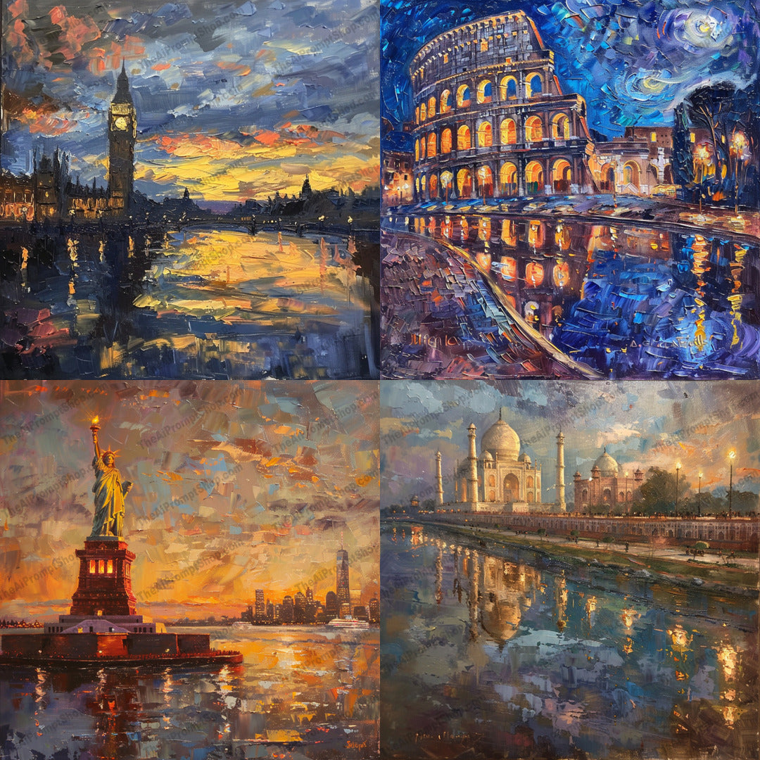 Iconic Landmarks in Oil Paint AI MidJourney Image Prompt, 9175 Landscapes & Paintings, midjourney, oil painting, landmark, impressionism, vibrant colors, dynamic brush strokes, artistic expression, realism, Big Ben, Colosseum, Statue of Liberty, Taj Mahal, famous landmarks, painting style, artwork, cityscape, historical sites, evening sky, reflections, architecture, masterpiece, Midjourney, Ai, Ai Image Prompt, Image Prompt, Prompt