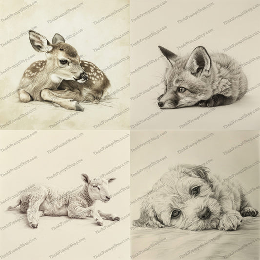 Adorable Baby Animals in Sketch Style AI MidJourney Image Prompt, 9093 Animals, midjourney, baby animals, sketch, detail, pencil drawing, realistic, art, illustration, nature, wildlife, cute, adorable, texture, minimalistic, elegant, animal lovers, fine art, drawing, lifelike, expressive eyes, fur texture, Midjourney, Ai, Ai Image Prompt, Image Prompt, Prompt