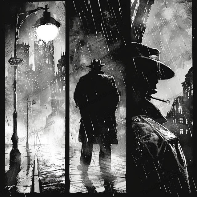 Noir Detective in Ruins AI MidJourney Image Prompt, 8874 Storybook Illustrations, midjourney, noir, detective, apocalyptic, cityscape, black and white, illustration, classic noir, dystopian, ruins, trench coat, fedora, mysterious, evocative, desolate, streets, ruined buildings, urban decay, post-apocalyptic, dark, moody, graphic novel, Midjourney, Ai, Ai Image Prompt, Image Prompt, Prompt