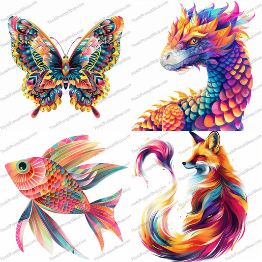 Vibrant Animals Illustration AI MidJourney Image Prompt, 9513 Fantasy, midjourney, vibrant, colorful, animals, illustration, butterfly, dragon, fish, fox, artistic, abstract, surreal, bright colors, detailed, fluid shapes, fantasy, eye-catching, decorative, modern art, whimsical, digital art, Midjourney, Ai, Ai Image Prompt, Image Prompt, Prompt