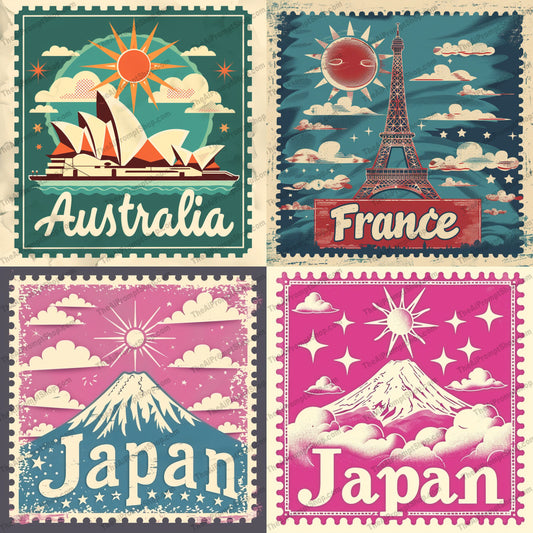 Vintage Travel Poster Art AI MidJourney Image Prompt, 9640 Isometrics & Icons, midjourney, vintage, travel, poster, art, iconic landmarks, countries, retro style, postcard design, Australia, France, Japan, Eiffel Tower, Sydney Opera House, Mount Fuji, sun, clouds, illustration, tourism, vacation, scenery, Midjourney, Ai, Ai Image Prompt, Image Prompt, Prompt