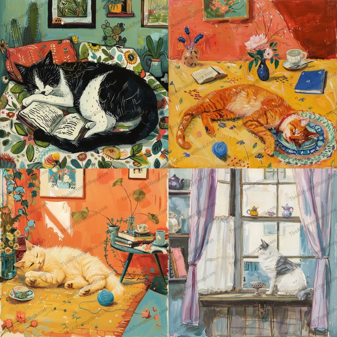 Cozy Cats in Interiors AI MidJourney Image Prompt, 8912 Animals, midjourney, cats, cozy, interior design, illustration, cat lovers, relaxation, warm colors, vibrant, serene, charming, indoor settings, contentment, detailed, whimsical, home decor, artwork, peaceful, decorative, pet, domestic cats, Midjourney, Ai, Ai Image Prompt, Image Prompt, Prompt
