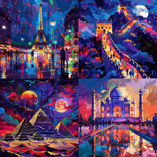 Neon Glow World Wonders AI MidJourney Image Prompt, 8823 Animals, midjourney, neon, world wonders, Eiffel Tower, Great Wall of China, Pyramids of Egypt, Taj Mahal, vibrant colors, digital illustration, surreal, night scene, landmarks, travel, tourism, cityscape, architecture, reflection, futuristic, artistic, colorful, glow, Midjourney, Ai, Ai Image Prompt, Image Prompt, Prompt