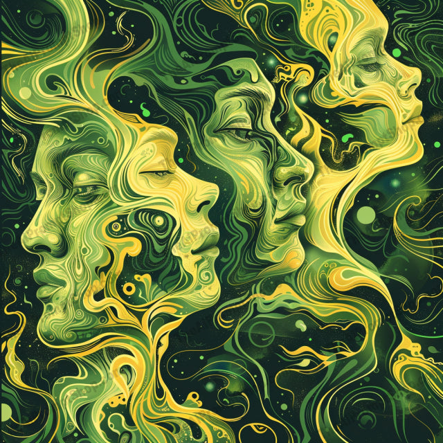 Swirled Faces AI MidJourney Image Prompt, 9035 Portraits & People, midjourney, surreal, abstract, swirling, patterns, faces, vibrant, green, blue, orange, pink, dynamic, otherworldly, artistic, creative, unique, psychedelic, trippy, modern, design, stylized, Midjourney, Ai, Ai Image Prompt, Image Prompt, Prompt