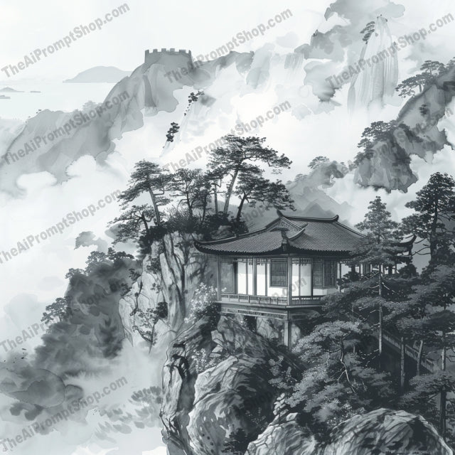 Oriental Ink Painting AI MidJourney Image Prompt, 8914 Landscapes & Paintings, midjourney, Oriental, ink painting, nature, traditional architecture, serenity, tranquility, harmony, landscape, brush strokes, light and shadow, classical art, Asian art, mountains, trees, bamboo, cranes, cherry blossoms, water scenery, reflection, mist, Midjourney, Ai, Ai Image Prompt, Image Prompt, Prompt