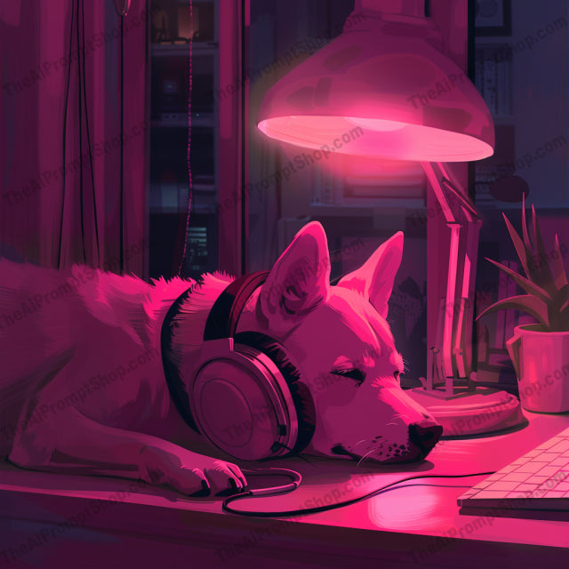 Cozy Evening Vibes AI MidJourney Image Prompt, 9091 Landscapes & Paintings, midjourney, cozy, evening, ambient light, indoor, calm, serene, tranquil, pastel colors, neon hues, comfort, peaceful, headphones, relaxation, night time, warm light, study, reading, cat, dog, Midjourney, Ai, Ai Image Prompt, Image Prompt, Prompt