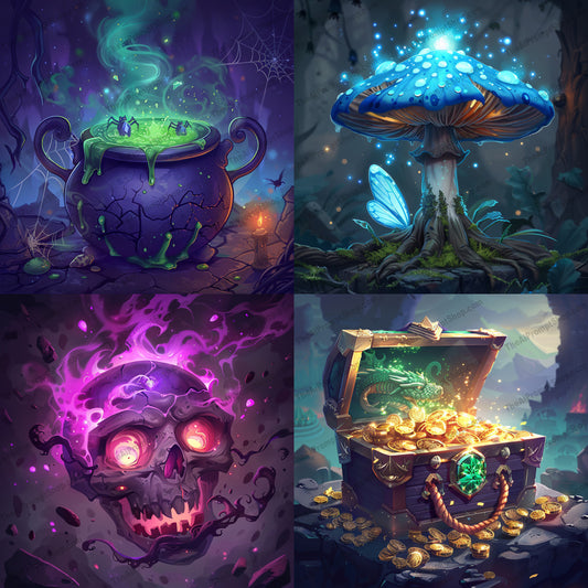 Mystical Fantasy Scene AI MidJourney Image Prompt, 9379 Game Assets, midjourney, fantasy, mystical, cauldron, glowing mushrooms, floating skull, treasure chest, magic, whimsical, adventure, fairytale, enchanted, mysterious, otherworldly, mythical, glow, treasure, potions, dark forest, imaginative, epic, Midjourney, Ai, Ai Image Prompt, Image Prompt, Prompt