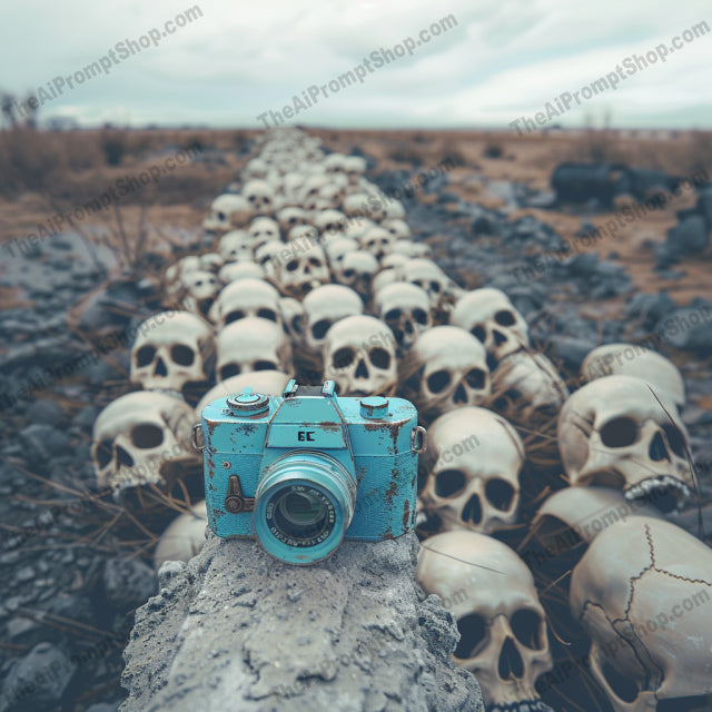 Skulls in Landscapes AI MidJourney Image Prompt, 9619 — A single image with an eerie post-apocalyptic landscape, featuring long lines of skulls mixed with… — product preview image 1