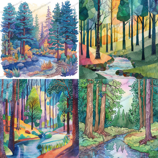 Forest Landscape Illustration AI MidJourney Image Prompt, 8691 Landscapes & Paintings, midjourney, forest, landscape, watercolor, illustration, nature, trees, river, serene, lush, greenery, enchanting, majestic, art, whimsical, vibrant, peaceful, scenic, natural, detailed, colorful, Midjourney, Ai, Ai Image Prompt, Image Prompt, Prompt