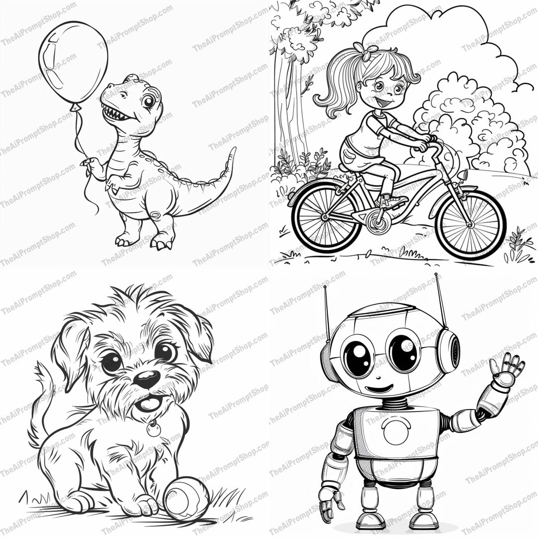 Cute Cartoon Characters AI MidJourney Image Prompt, 9251 Animation & Cartoons, midjourney, cartoon, dinosaur, puppy, robot, coloring, line art, black and white, cute characters, fun, illustration, balloon, bicycle, happy, playful, kids, animals, nature, trees, adventure, creative, Midjourney, Ai, Ai Image Prompt, Image Prompt, Prompt