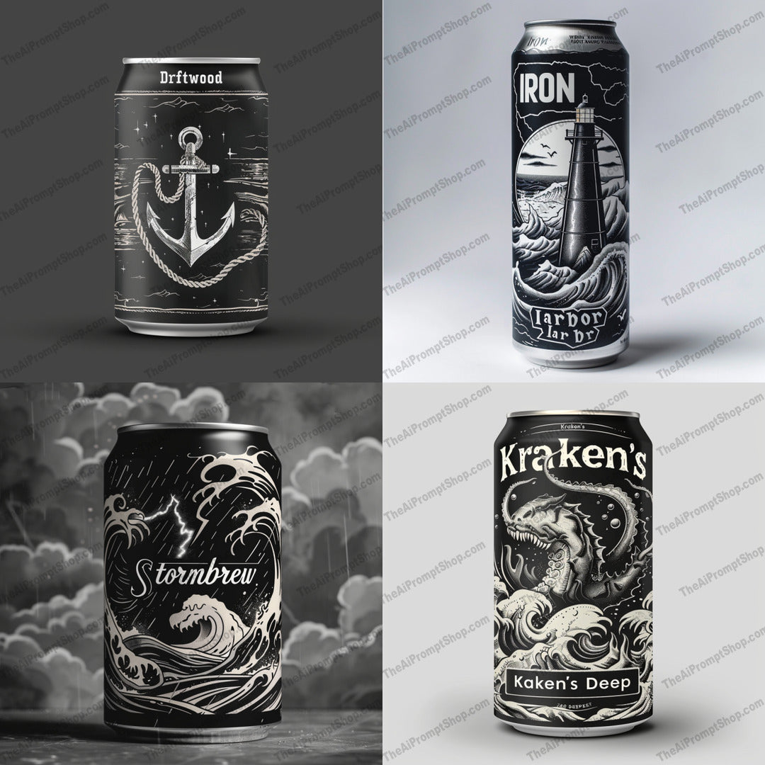 Nautical Themed Beverage Can Designs AI MidJourney Image Prompt, 9122 Mockups - Products, midjourney, nautical, beverage can, design, anchor, lighthouse, stormy seas, mythical creatures, monochrome, sea, ocean, nautical theme, waves, black and white, detailed illustration, graphic design, packaging, branding, artwork, marine, maritime, Midjourney, Ai, Ai Image Prompt, Image Prompt, Prompt