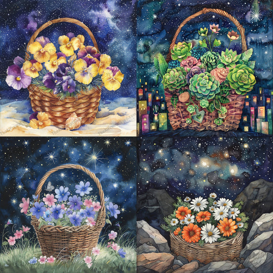 Starry Night Flower Basket AI MidJourney Image Prompt, 9655 Florals, midjourney, flower basket, starry night, wicker basket, vibrant flowers, botanical art, celestial background, dreamy aesthetic, surreal art, night sky, floral arrangement, colorful flowers, nature art, cosmic art, garden blooms, basket of flowers, star-filled sky, floral fantasy, floral illustration, blooming flowers, galactic art, Midjourney, Ai, Ai Image Prompt, Image Prompt, Prompt