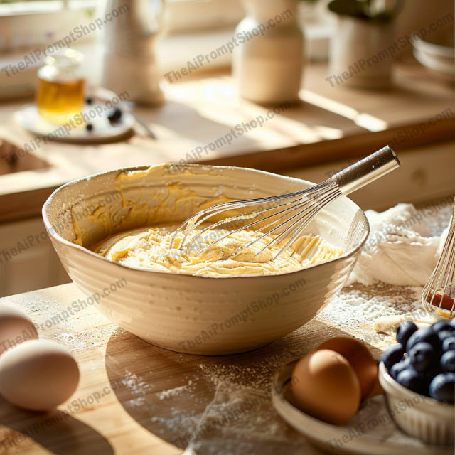 Rustic Kitchen Cooking Scene AI MidJourney Image Prompt, 8885 Food, midjourney, rustic kitchen, cooking, home cooking, natural light, food preparation, fresh ingredients, sunlit kitchen, cozy kitchen, culinary process, whisking, baking, strawberries, mashed potatoes, kitchen utensils, eggs, butter, herbs, recipe, homemade meal, kitchen decor, Midjourney, Ai, Ai Image Prompt, Image Prompt, Prompt