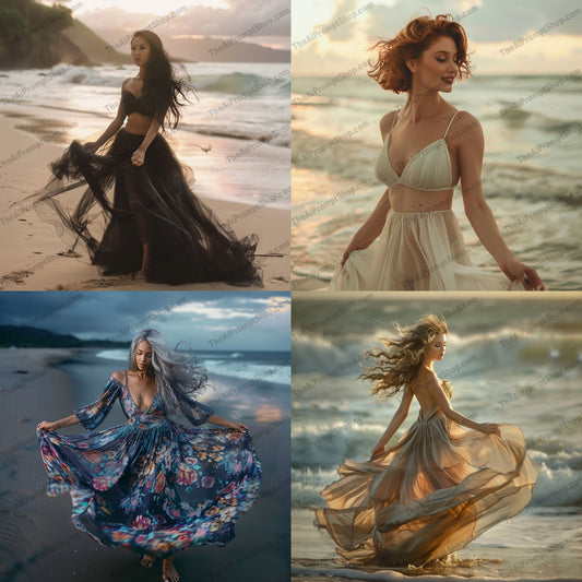 Ethereal Beach Fashion AI MidJourney Image Prompt, 9097 Landscapes & Paintings, midjourney, beach fashion, ethereal, elegant, graceful, flowy dresses, coastal style, dreamy, serene, tranquil, beautiful, summer fashion, chic, bohemian, ocean, seaside, model, artistic, romantic, sunset, nature, Midjourney, Ai, Ai Image Prompt, Image Prompt, Prompt