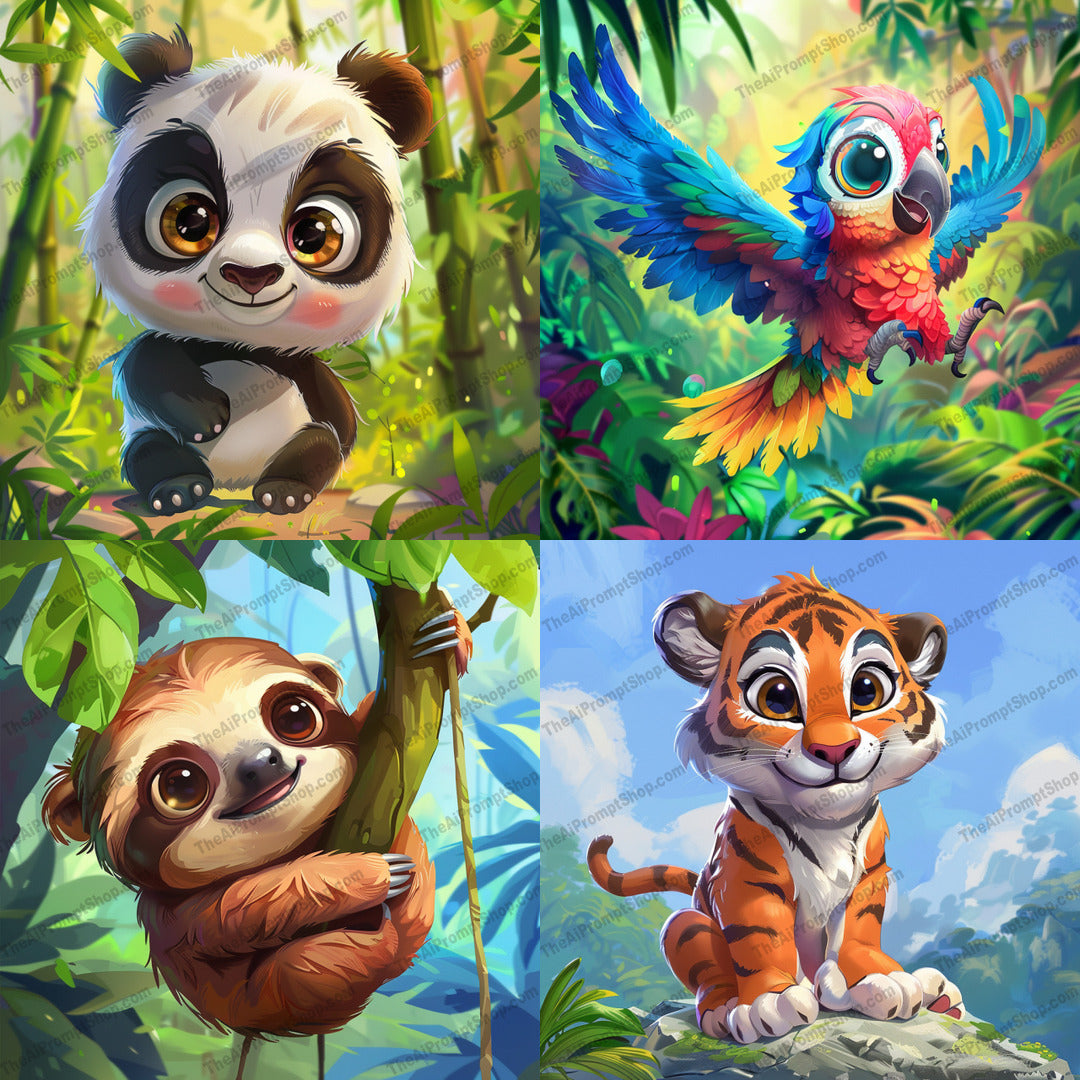 Cute Animals in Tropical Forest AI MidJourney Image Prompt, 9160 Animals, midjourney, cute animals, tropical forest, baby panda, colorful parrot, playful tiger, digital illustration, jungle animals, whimsical art, nature, kids illustration, jungle, adorable creatures, greenery, bright colors, happy animals, wildlife, forest, animated style, children's art, cartoon animals, Midjourney, Ai, Ai Image Prompt, Image Prompt, Prompt