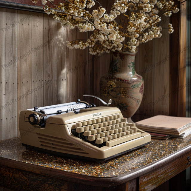 Vintage Workspace AI MidJourney Image Prompt, 9143 Florals, midjourney, vintage, workspace, typewriter, flowers, vases, notebooks, laptop, retro, cozy, creative, study, work, aesthetic, decor, desk, marble, terrazzo, writing, journal, office, Midjourney, Ai, Ai Image Prompt, Image Prompt, Prompt